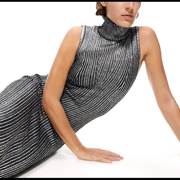 Zara Dresses & Skirts - Zara NWT Metallic Knit Midi Bodycon Turtleneck Dress Size L